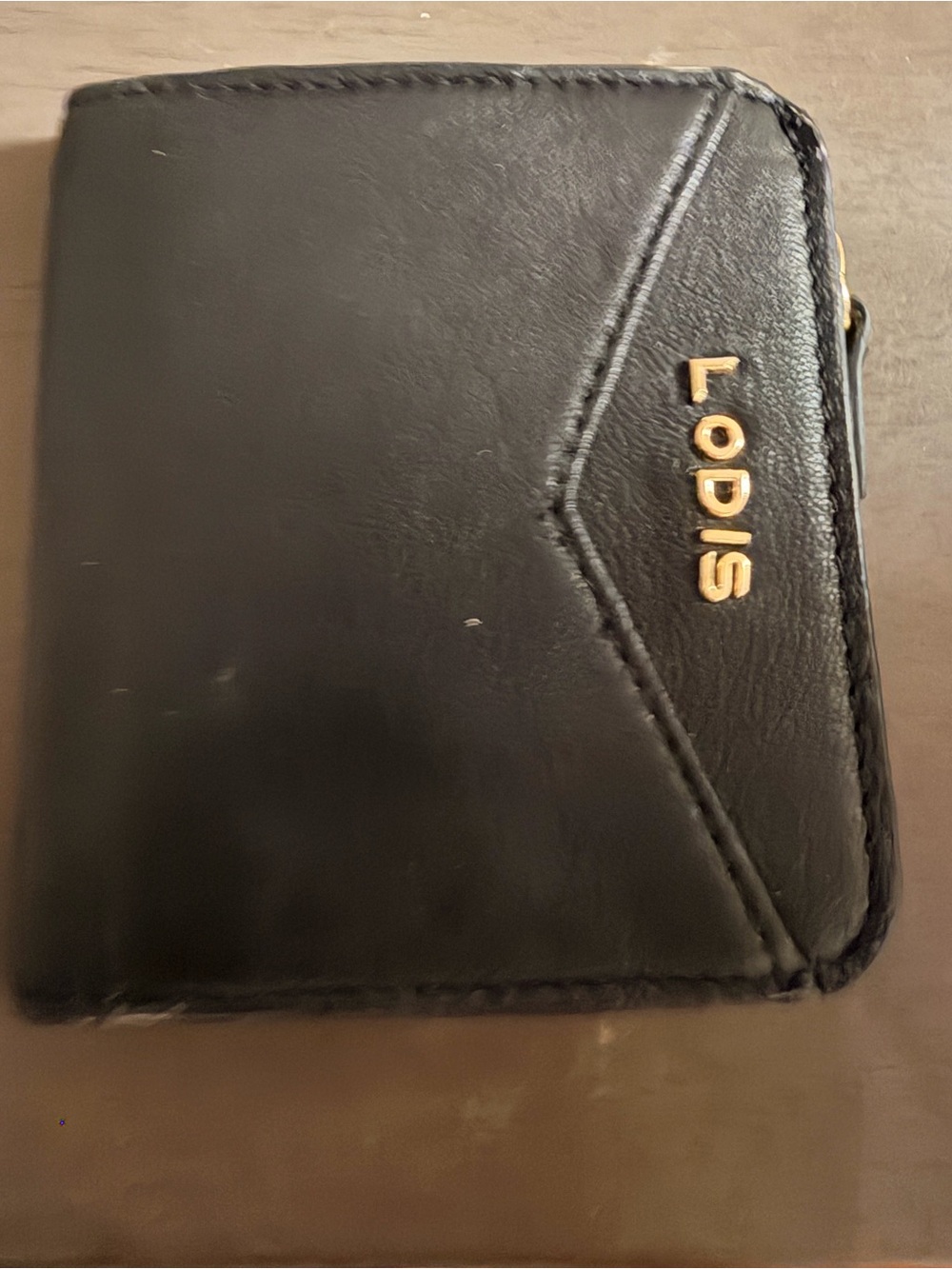 Lodis Black Leather Zip-Around Wallet with Gold Logo